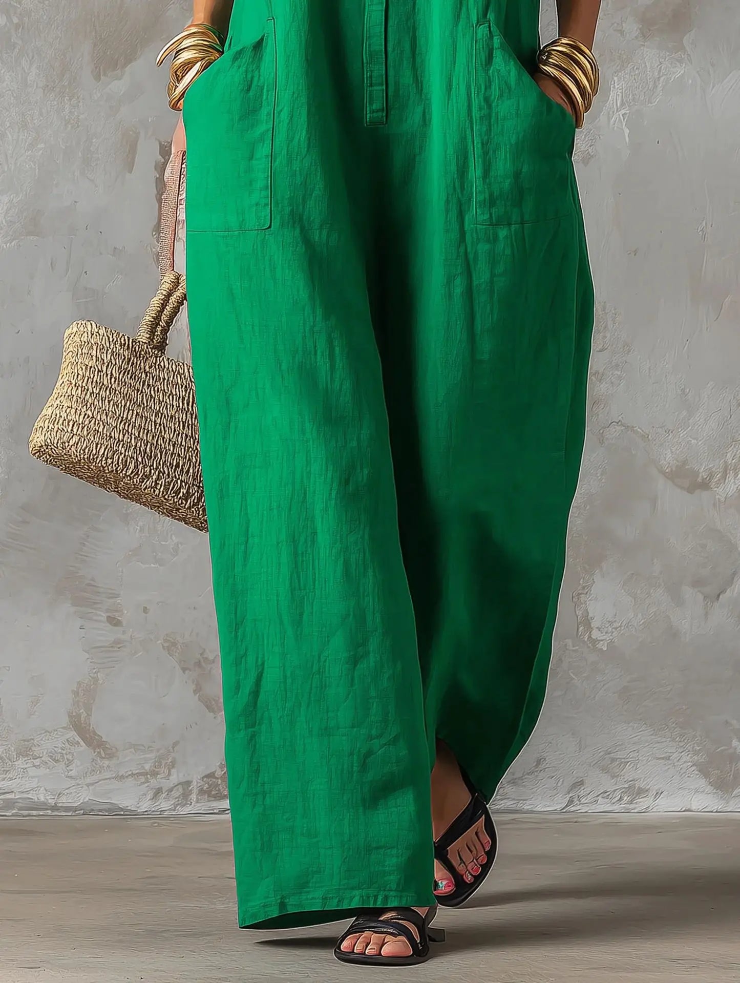 Sleeveless Collared Wide Leg Jumpsuit with Pockets