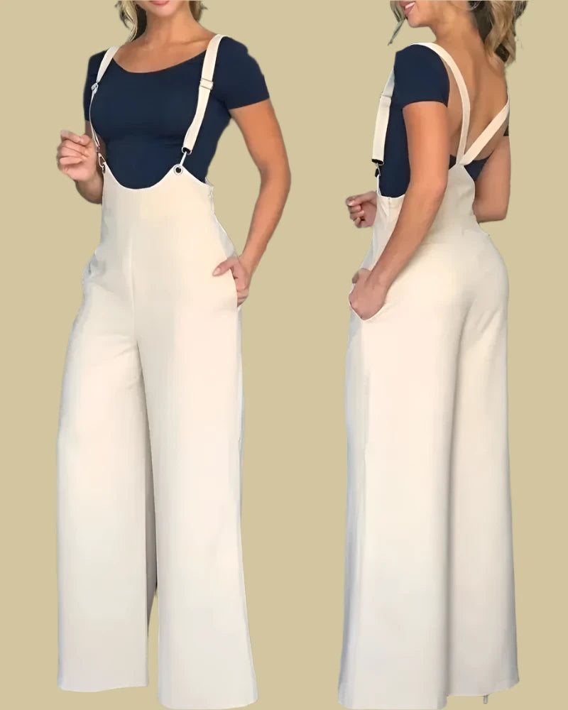 Woman wearing Elegant Spring Suspender Jumpsuit at a casual brunch.