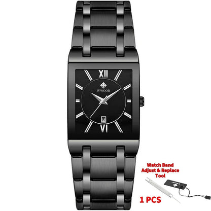 Black wristwatch with metal band and WWOOR branding on a white background