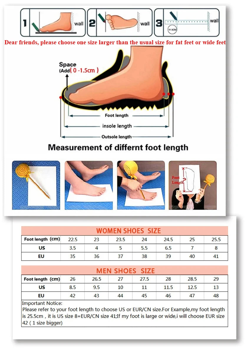 Instructions for measuring foot length and shoe size chart on a white background