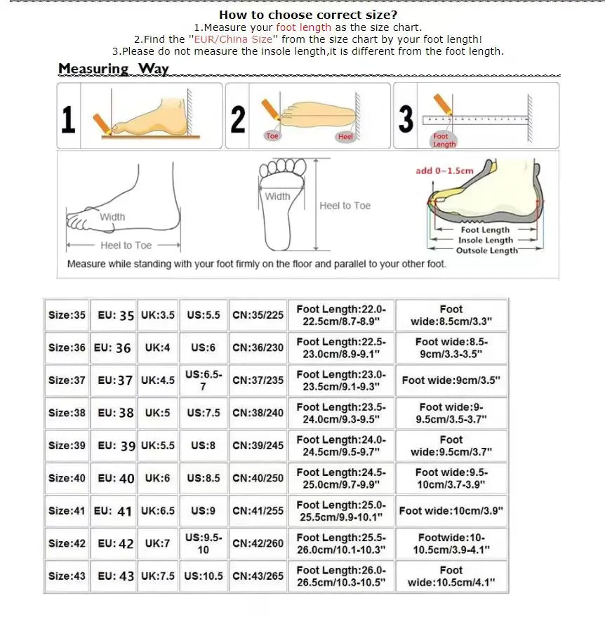 Instructions on how to choose the correct shoe size with a chart and measuring guide.