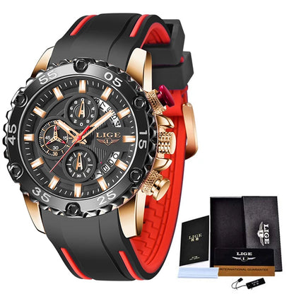 Water-resistant men’s quartz watch in blue and red