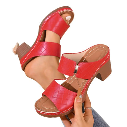 Quilted Strap Block Heel Slide Sandals