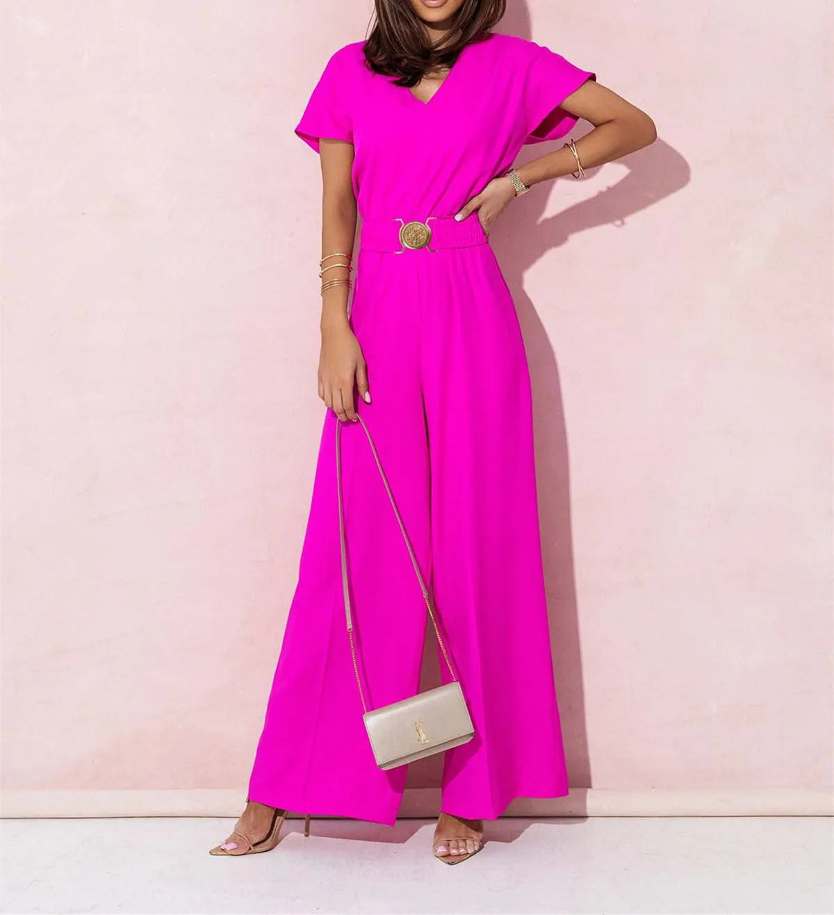 Women's Elegant V-Neck Wide Leg Jumpsuit