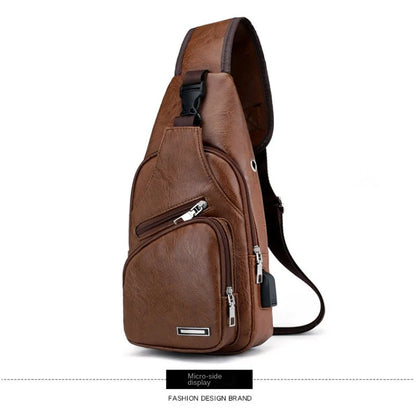 Brown leather sling bag on a white background