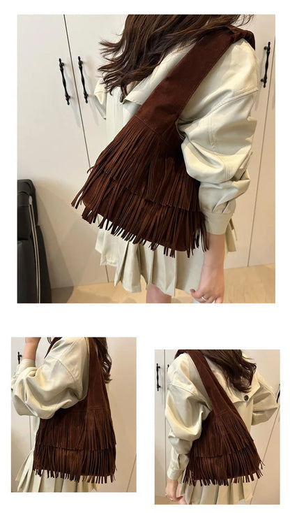 Brown fringed bag worn by a person with close-up shots on a white background