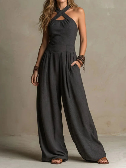 Halter Cross-Neck Wide Leg Jumpsuit