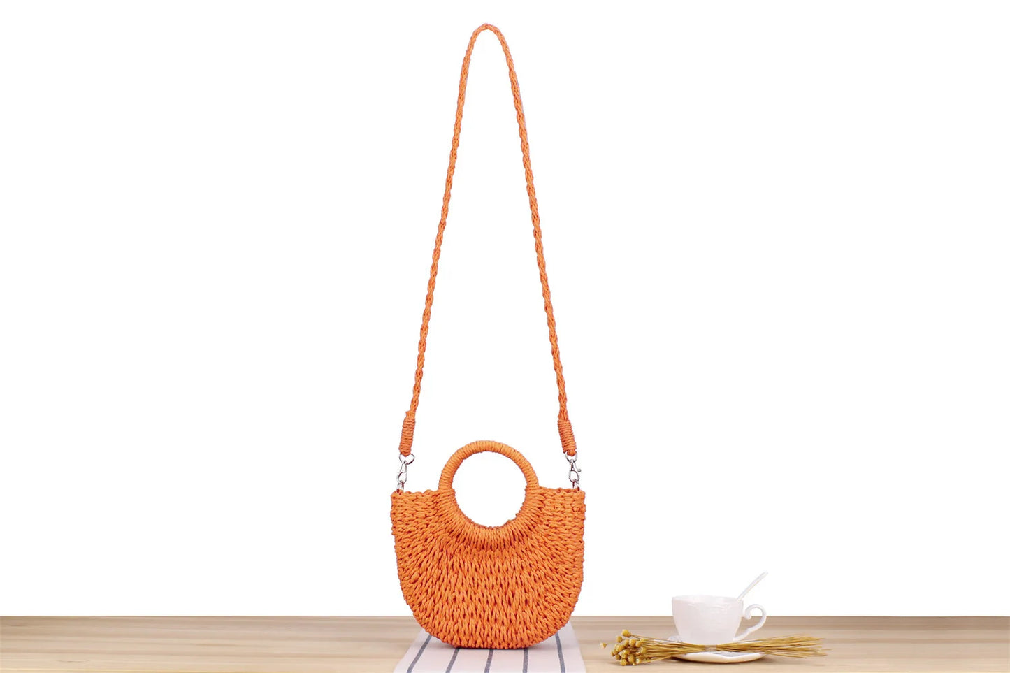 Handwoven Straw Half-Moon Bag