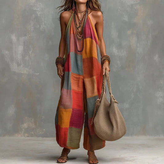 Bohemian Patchwork Halter Wide Leg Jumpsuit