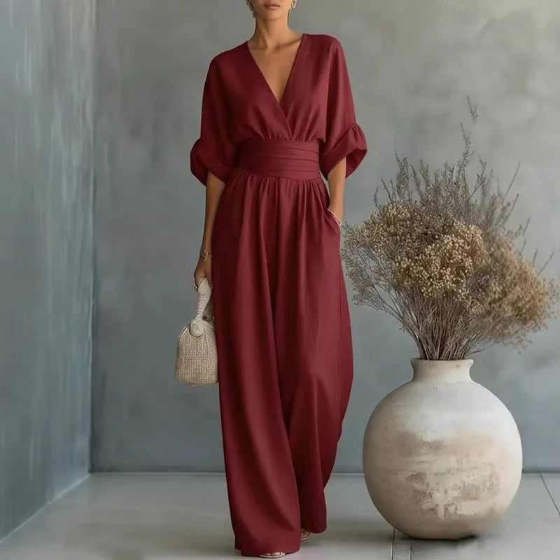 Deep V Wrap Wide Leg Jumpsuit