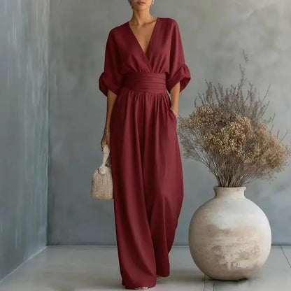 Deep V Wrap Wide Leg Jumpsuit