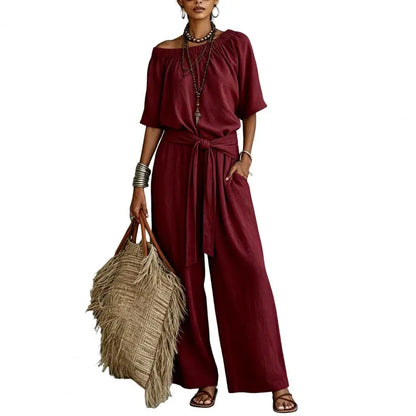 Off Shoulder Tie Waist Jumpsuit