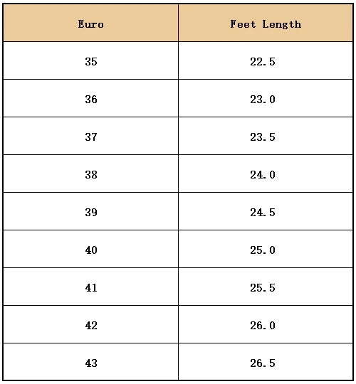 Table showing Euro size and corresponding feet length