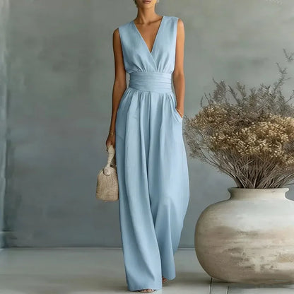 Deep V Wrap Wide Leg Jumpsuit