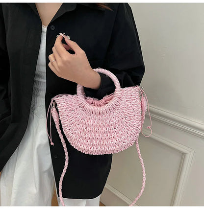 Handwoven Straw Half-Moon Bag