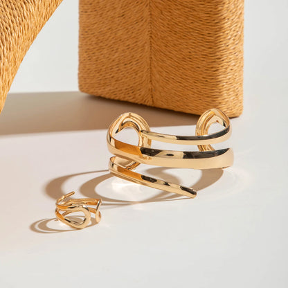 Sculptural Gold Open Cuff & Matching Ring Set