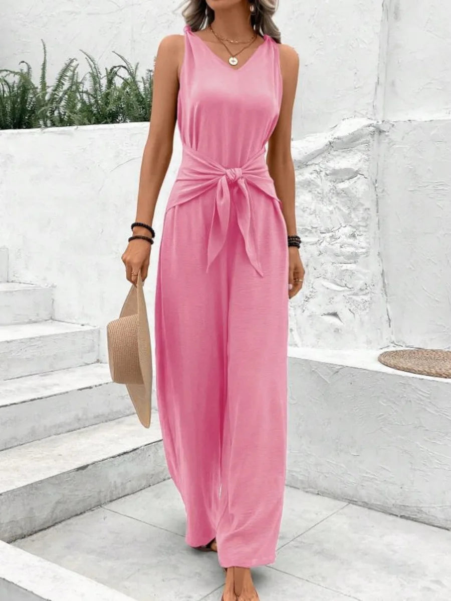 Twisted Strap Tie Waist Jumpsuit