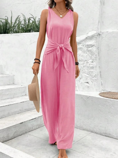 Twisted Strap Tie Waist Jumpsuit