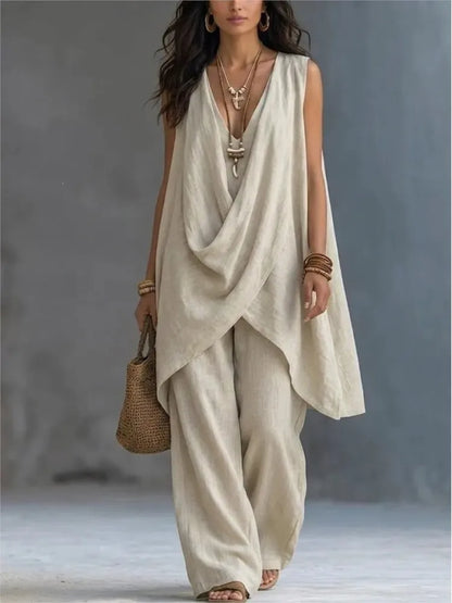 Women's Sleeveless Asymmetrical Linen Blend Set
