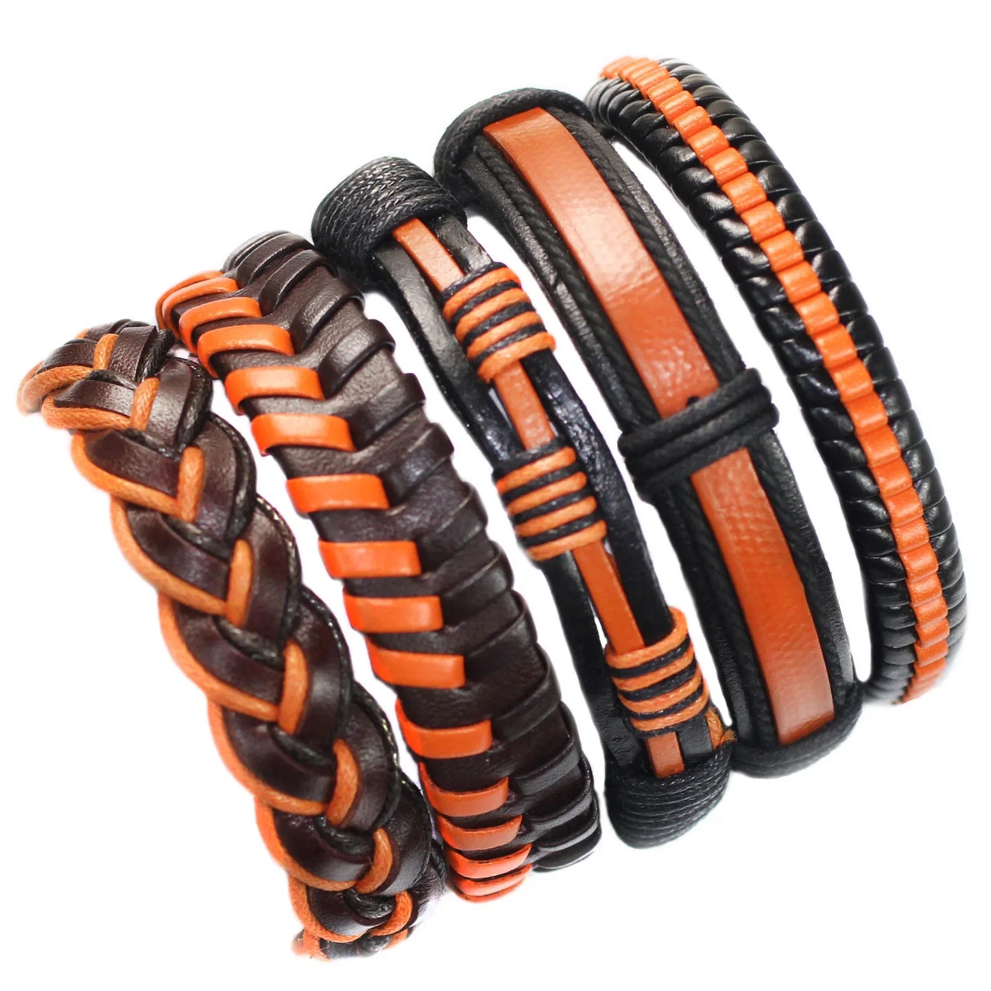 Three braided leather bracelets with orange and black patterns on a white background