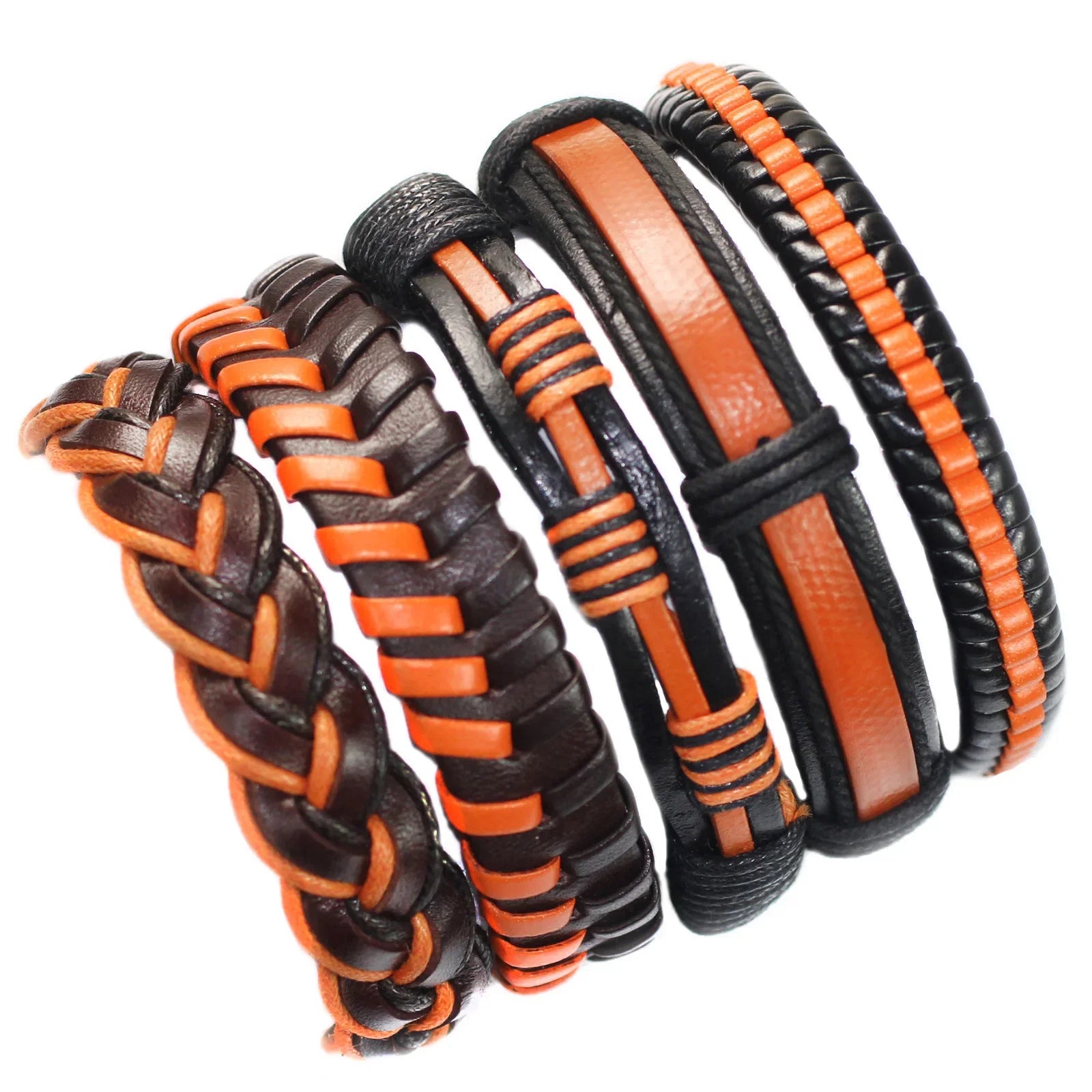 Three braided leather bracelets with orange and black patterns on a white background