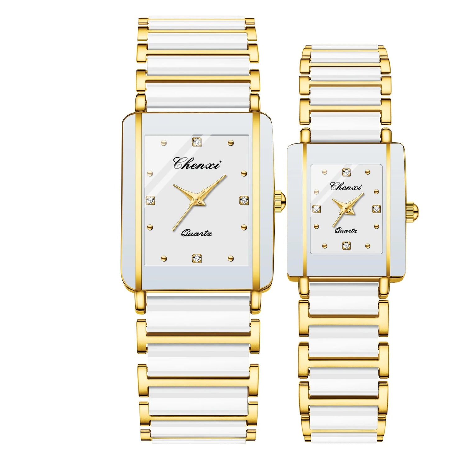 Pair of Chenxi watches with white faces and gold accents on a white background