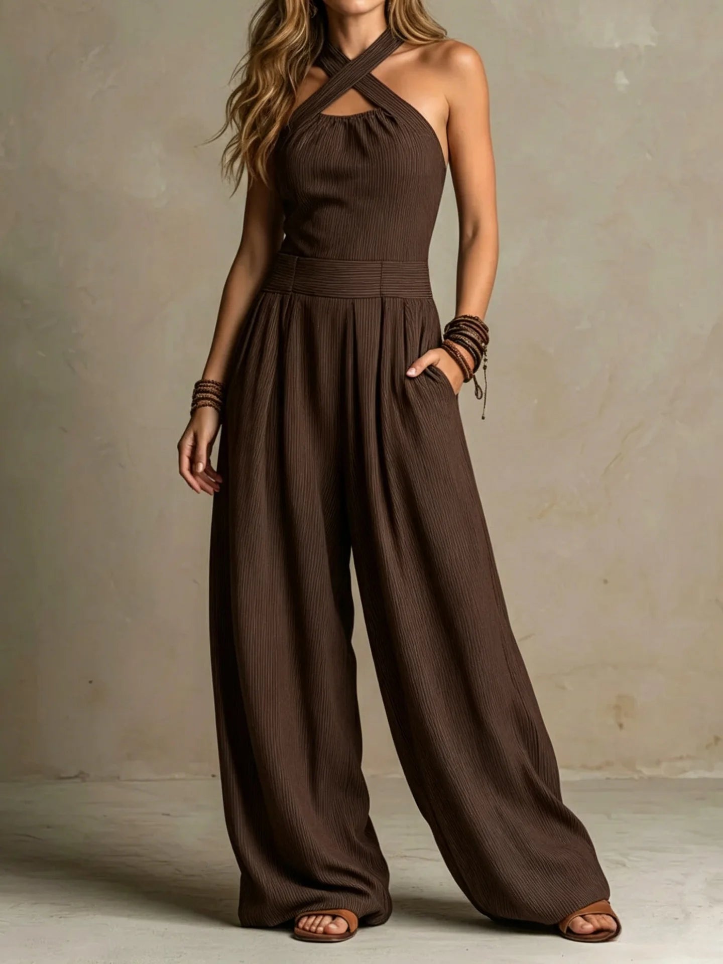 Halter Cross-Neck Wide Leg Jumpsuit