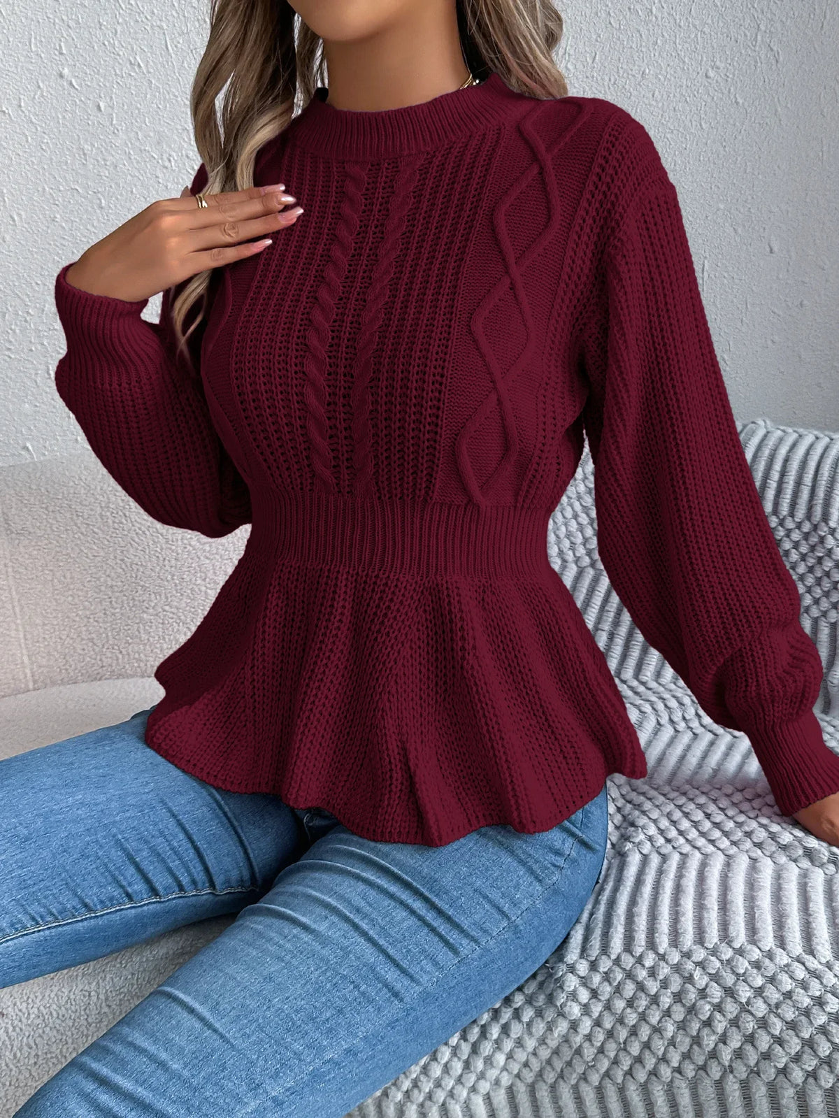 Chic Peplum Cable Knit Pullover Sweater