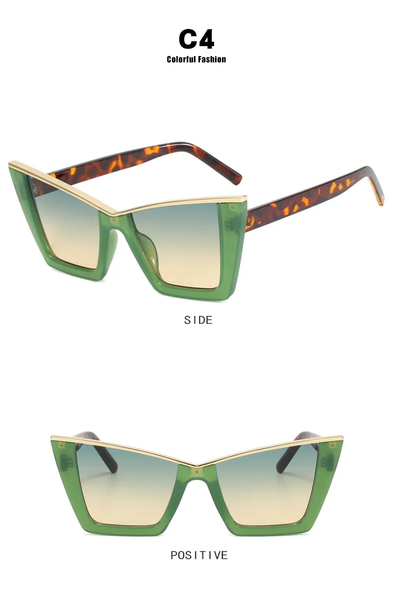 Two views of a pair of oversized square sunglasses with green acetate frames, gradient lenses, and tortoiseshell temples, labeled 'C4 Colorized Fashion' with 'SIDE' and 'POSITIVE' text on a white background.