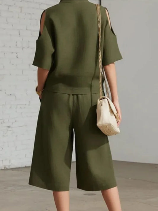 Cold Shoulder Zip Two-Piece Linen Set