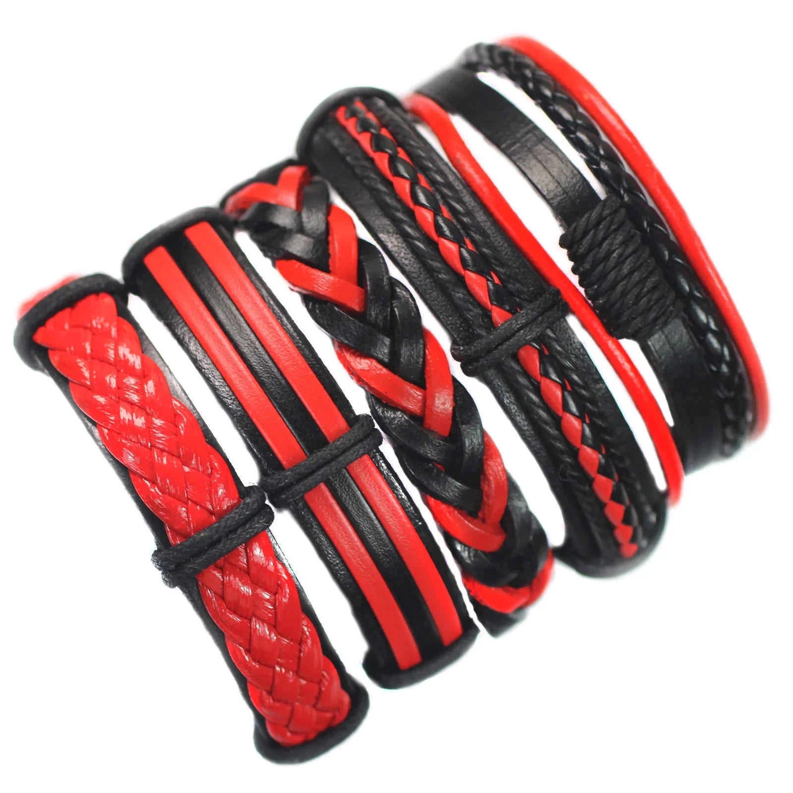 Black and red braided bracelets on a white background
