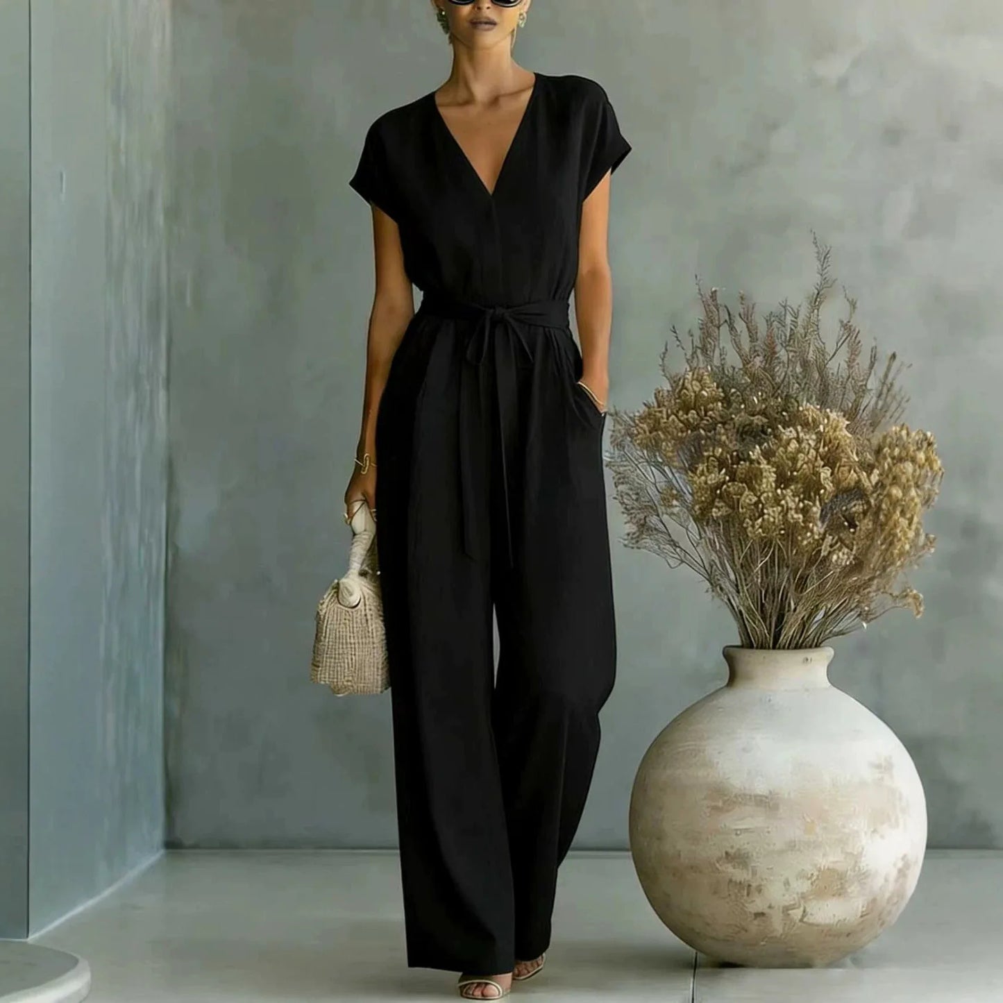 Women's High-Waist Wide-Leg Linen Jumpsuit