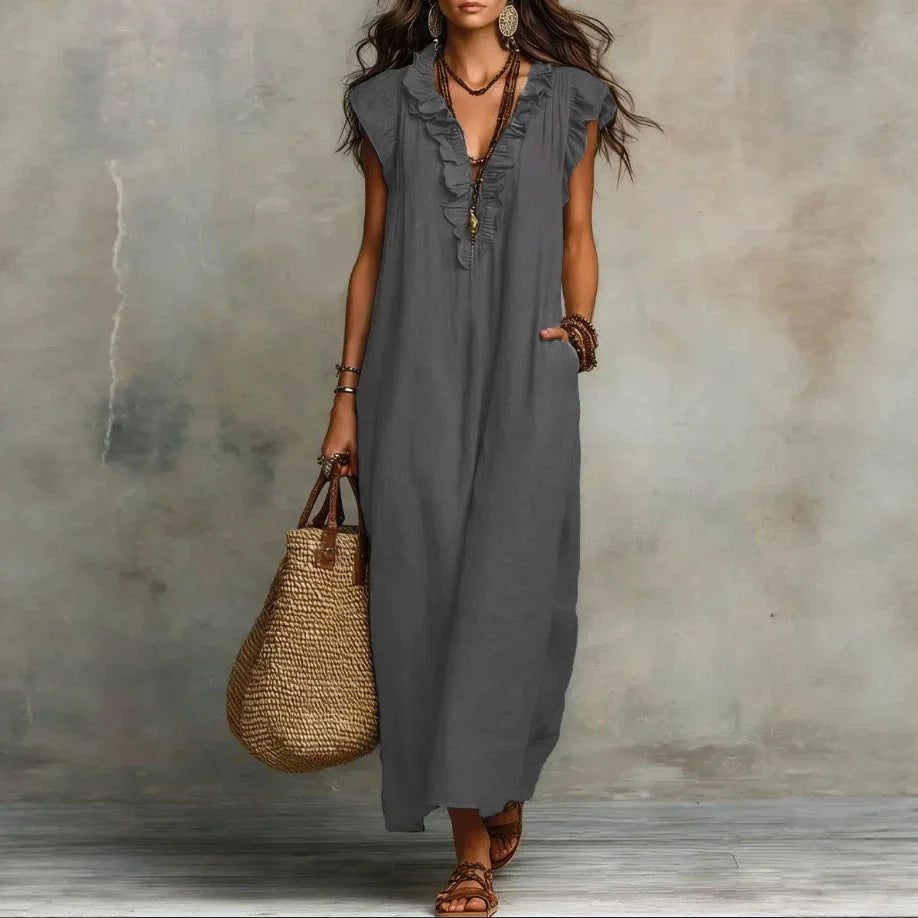 Amara Ruffle V-Neck Maxi Dress