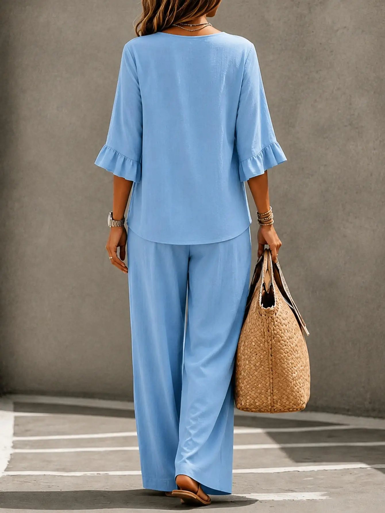 Ruffled Linen Look Two Piece Set