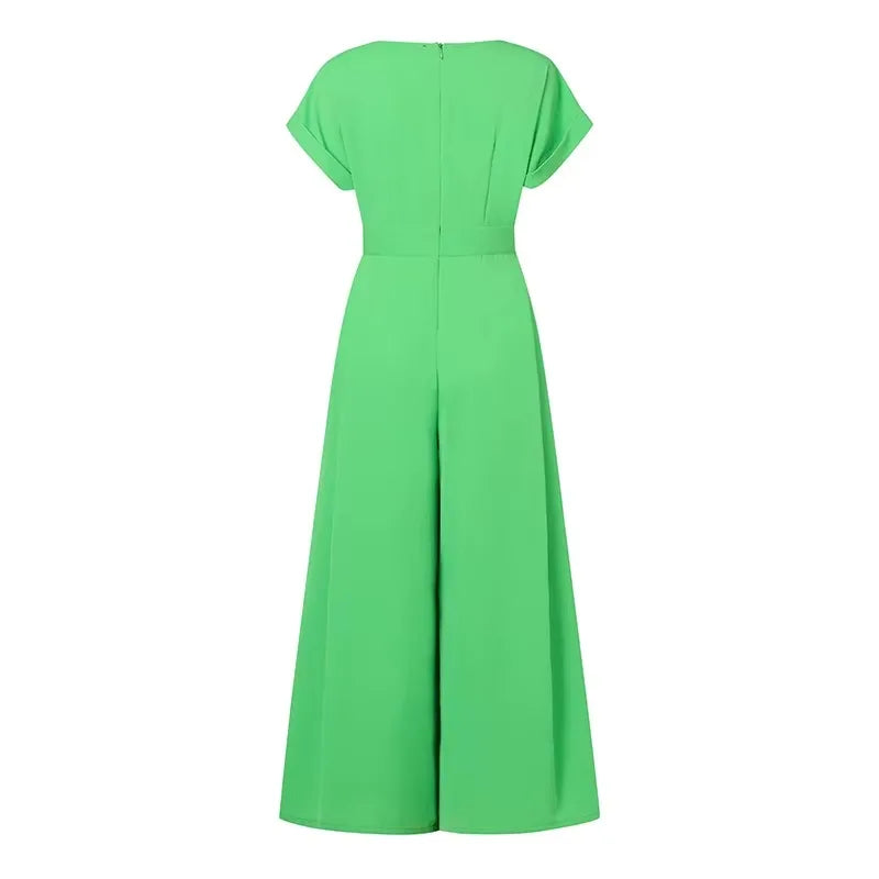 Women's V-Neck Short Sleeve High Waist Wide Leg Jumpsuit