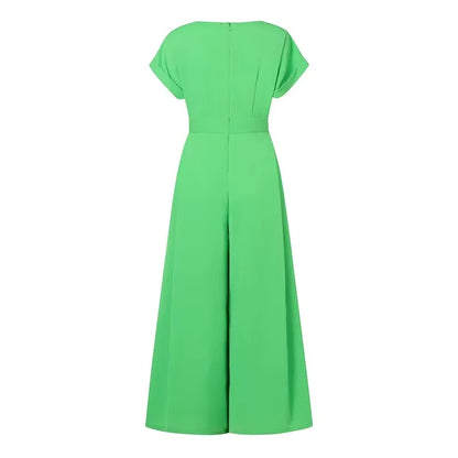 Women's V-Neck Short Sleeve High Waist Wide Leg Jumpsuit