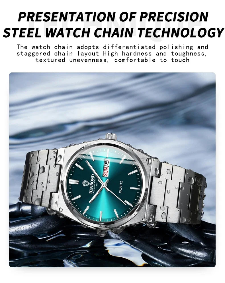 Silver watch with blue dial on a water-like background, text about precision steel watch chain technology.