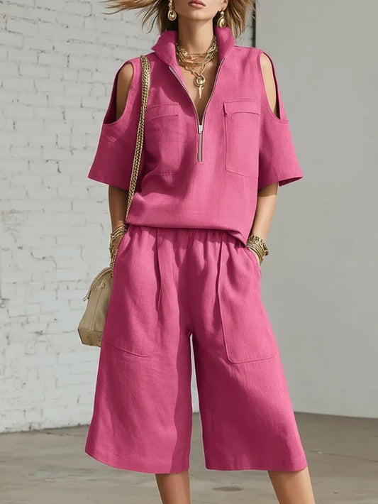 Cold Shoulder Zip Two-Piece Linen Set