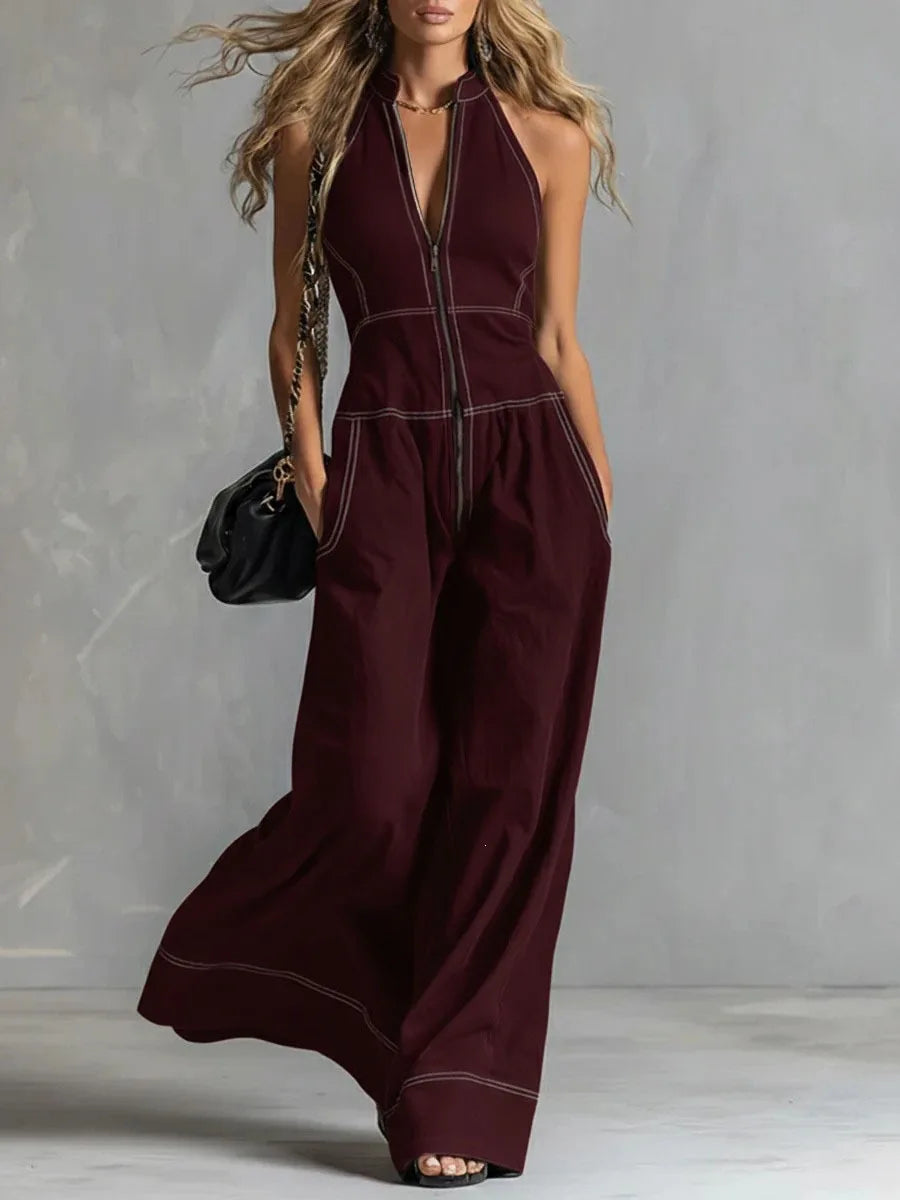 Sleeveless Wide Leg Zipper Jumpsuit