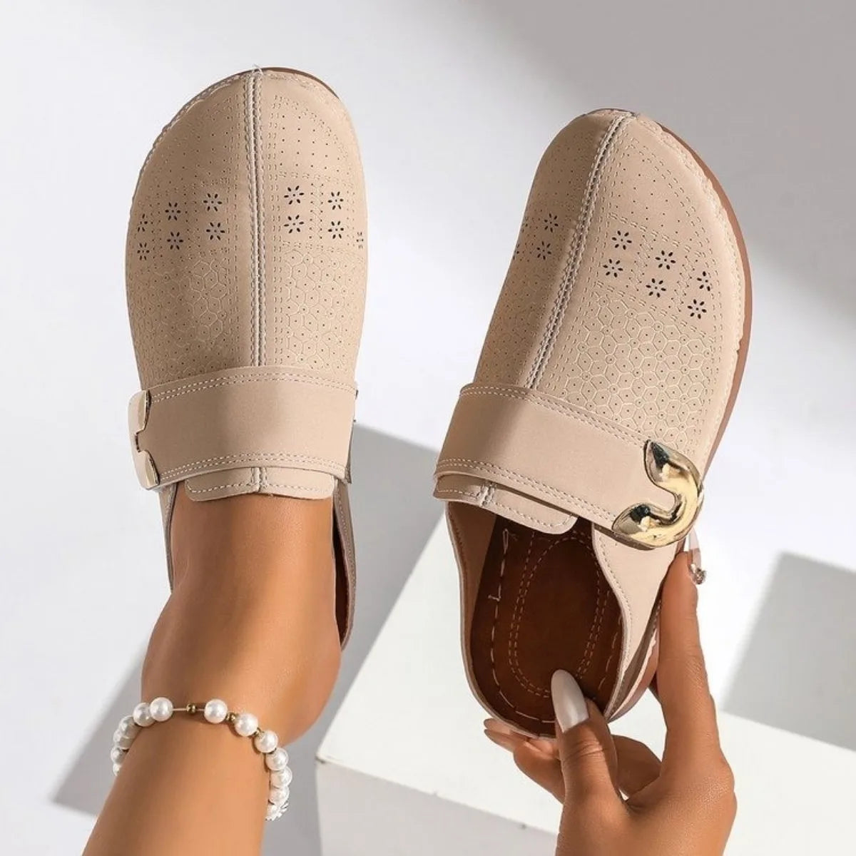 Quilted Buckle Wedge Mule Sandals