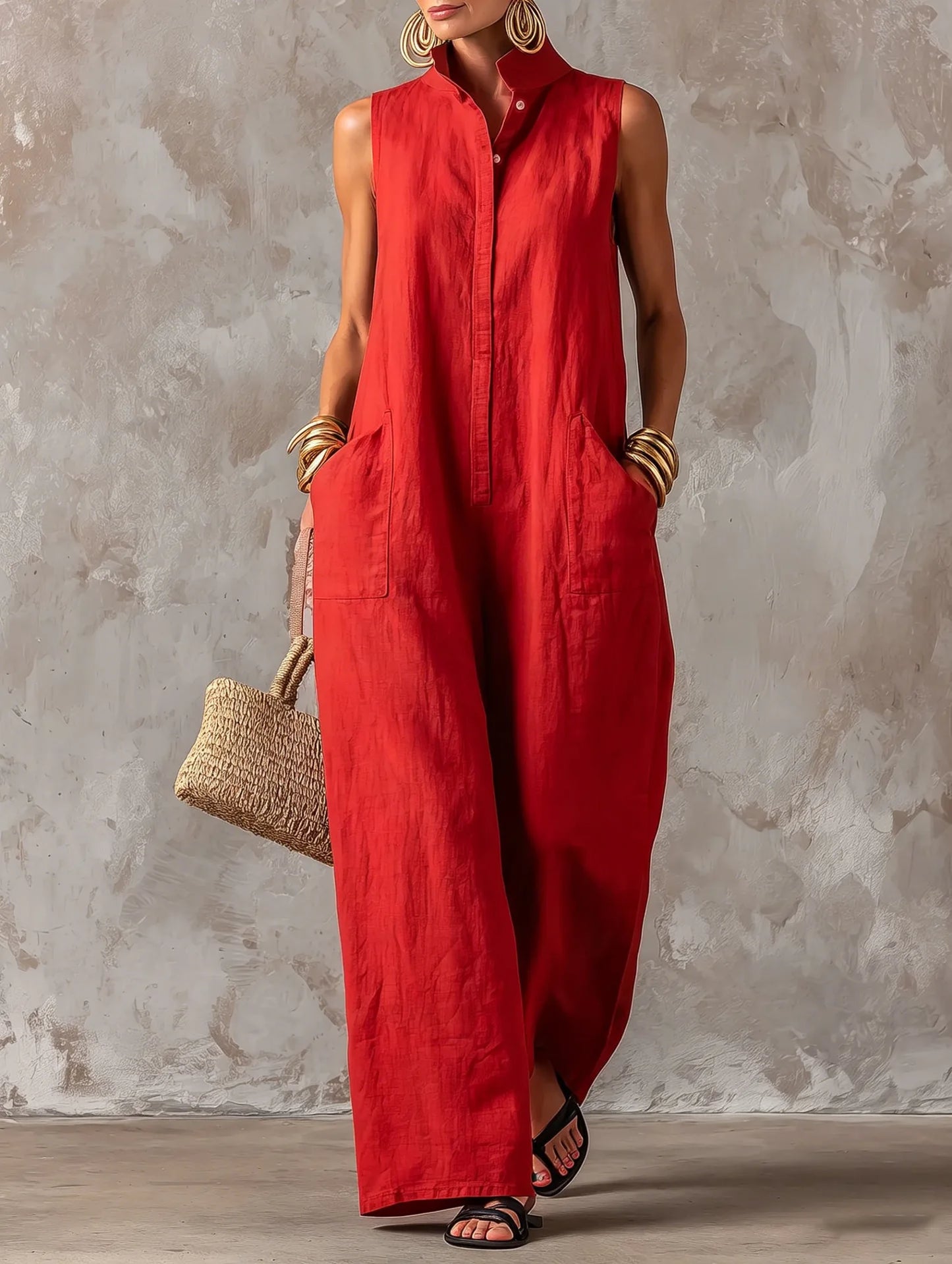 Sleeveless Collared Wide Leg Jumpsuit with Pockets