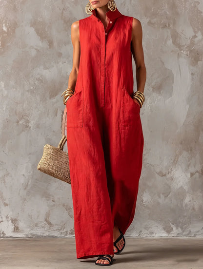 Sleeveless Collared Wide Leg Jumpsuit with Pockets