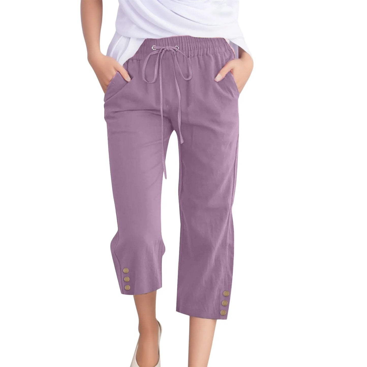 Cotton Linen Capri Pants For Women