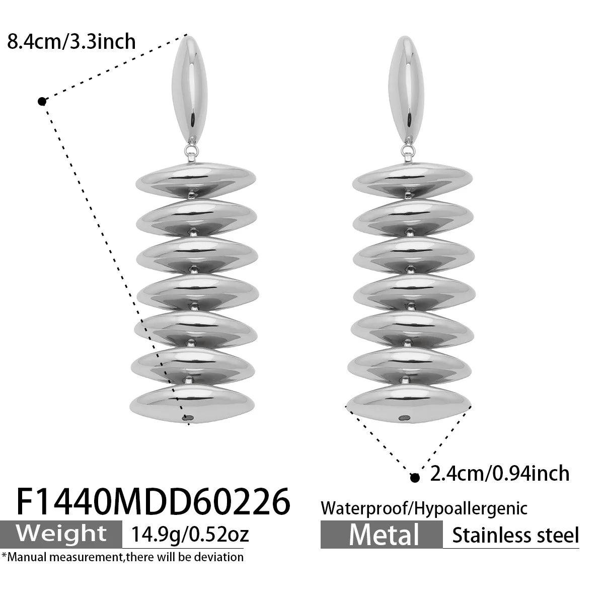 Pair of silver spiral earrings with measurements and product details on a white background