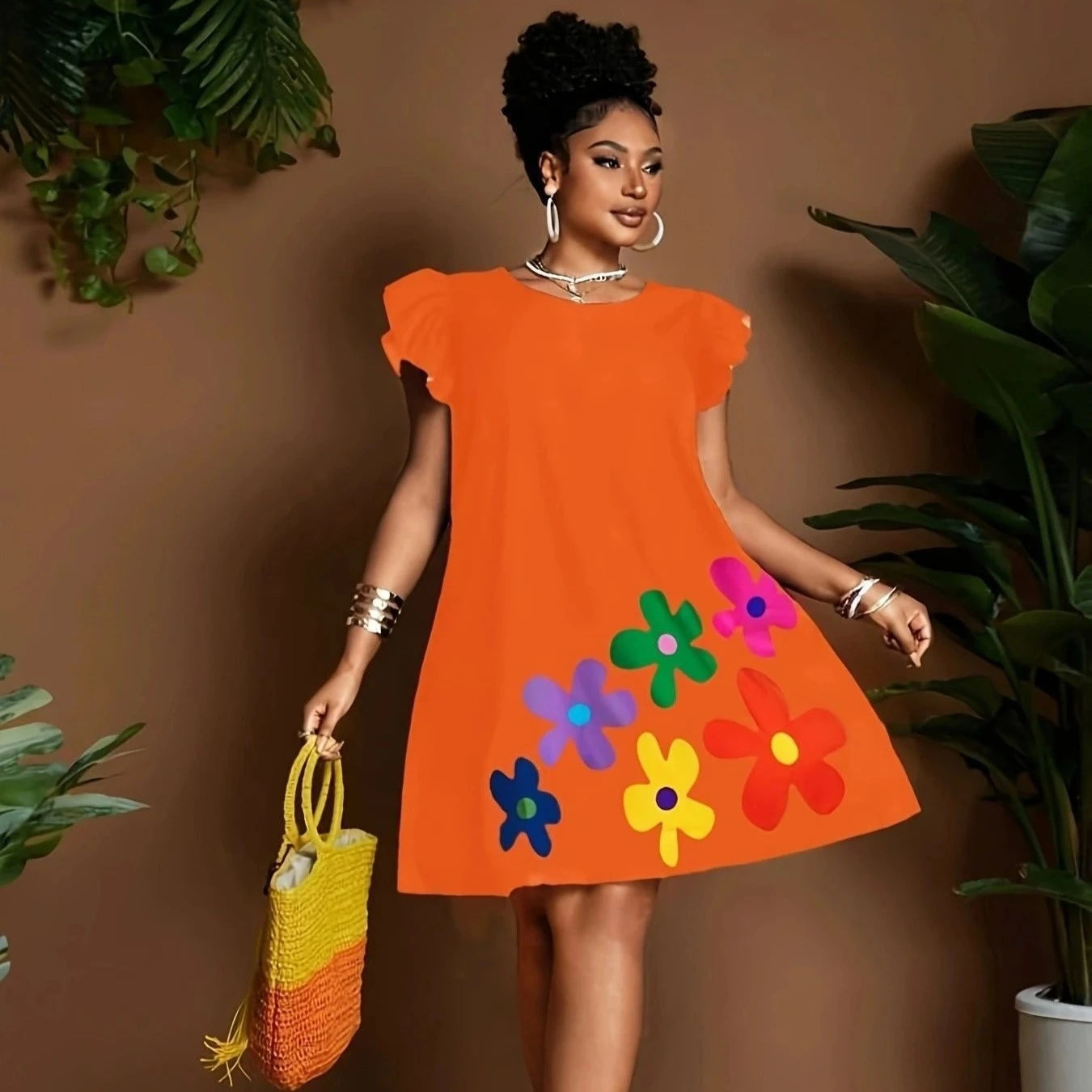 Vibrant Bloom Ruffle Sleeve Dress