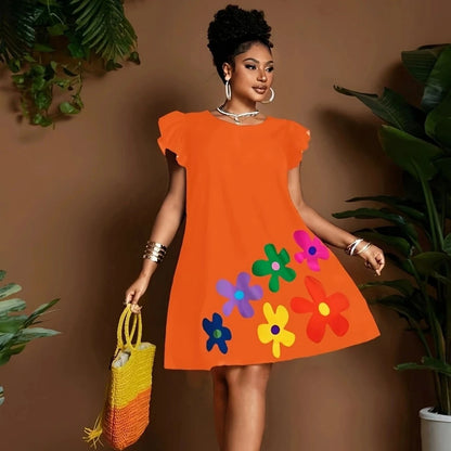 Vibrant Bloom Ruffle Sleeve Dress