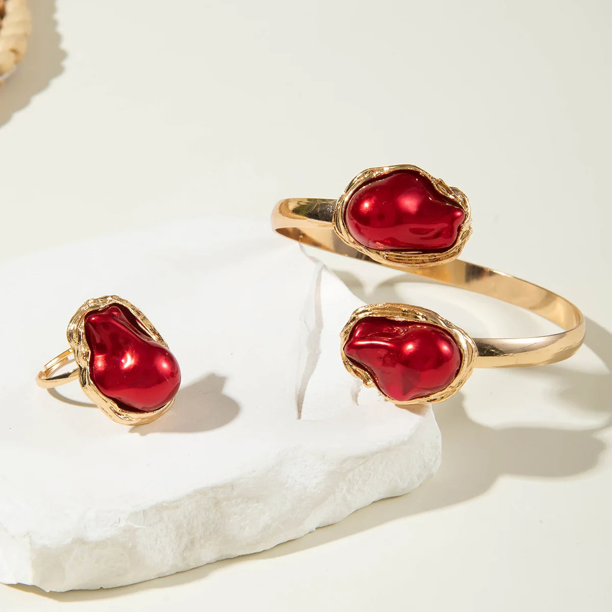 Sculptural Gold Open Cuff & Matching Ring Set