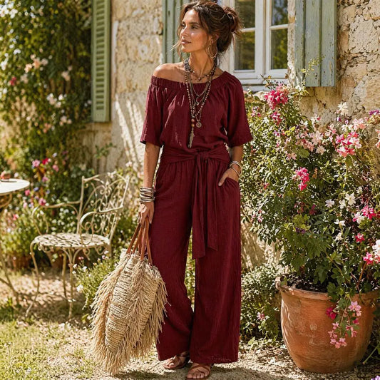 Off Shoulder Tie Waist Jumpsuit