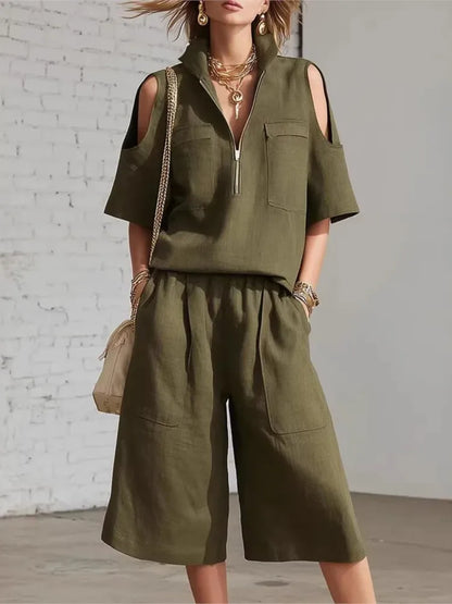 Cold Shoulder Zip Two-Piece Linen Set