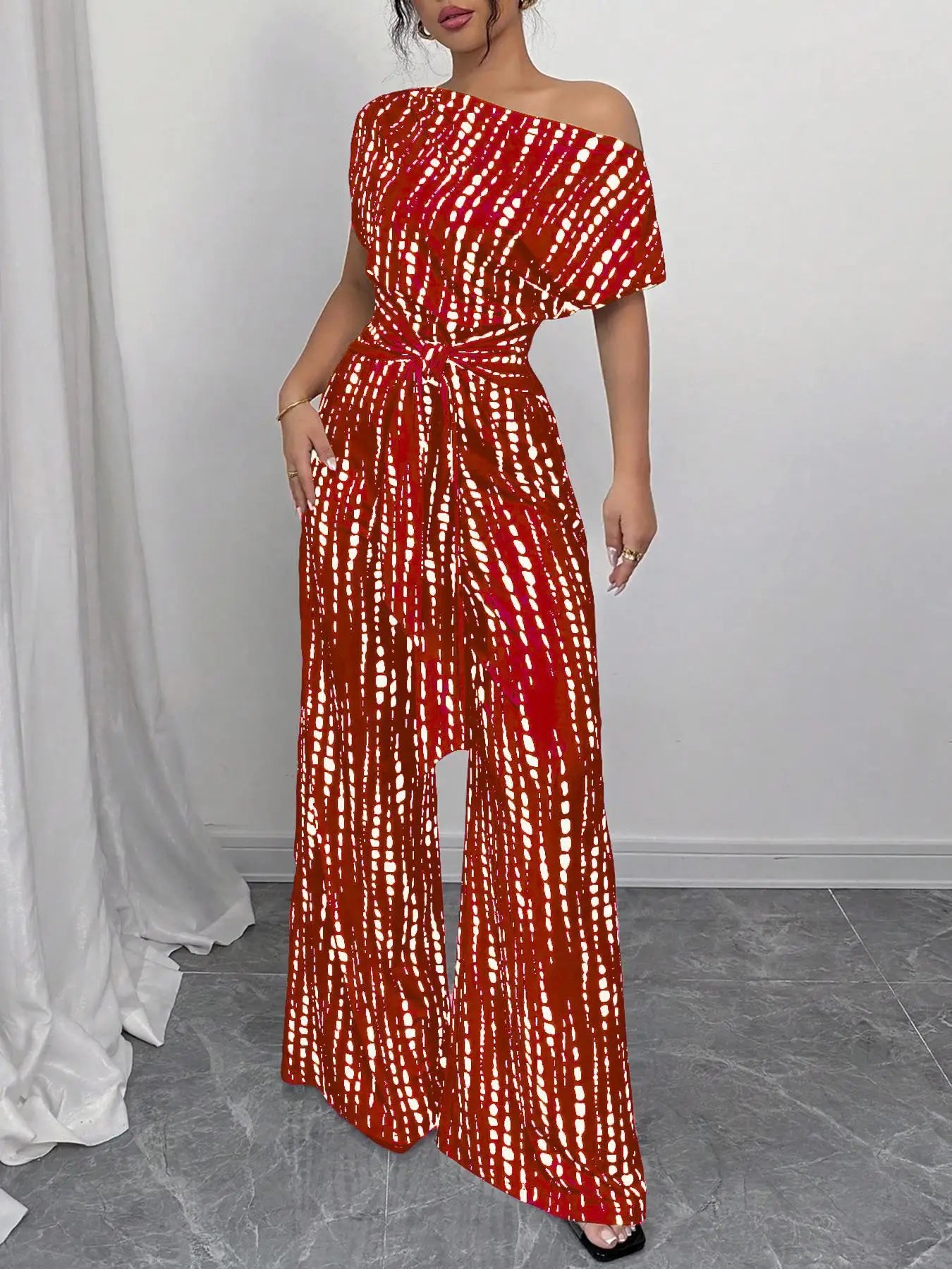 Slanted Shoulder Wide Leg Jumpsuit